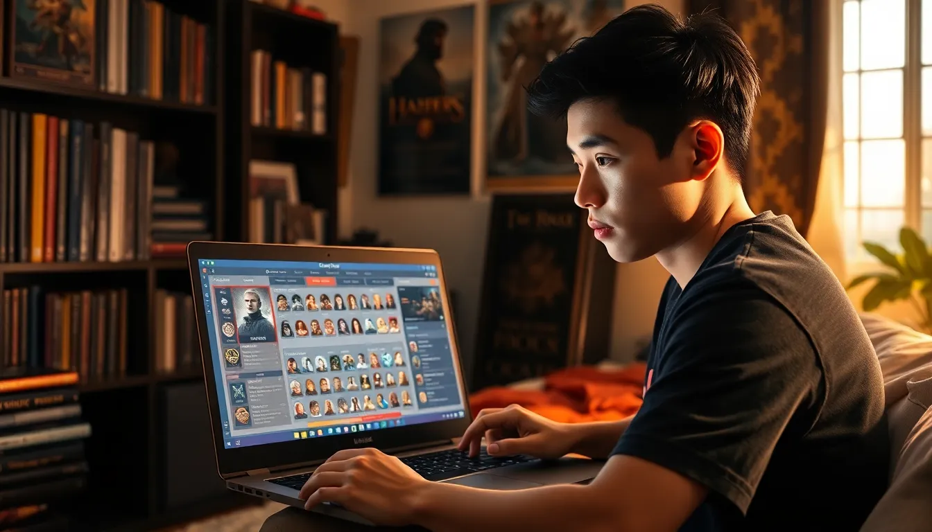 a gamer using CK2Generator on a laptop in a cozy room.