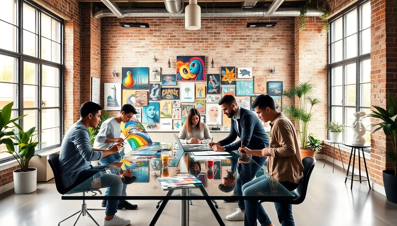 diverse group collaborating in a modern creative workspace.