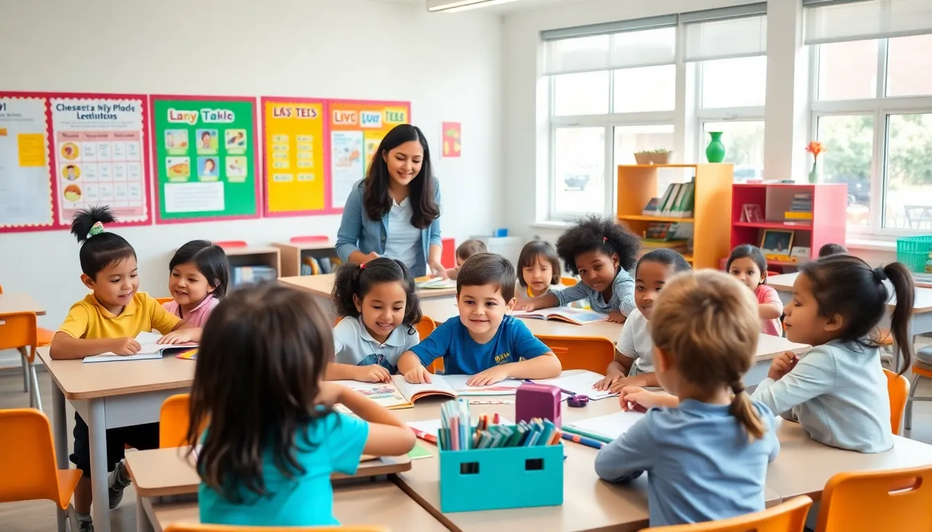 diverse children engaged in activities in an elementary school classroom.