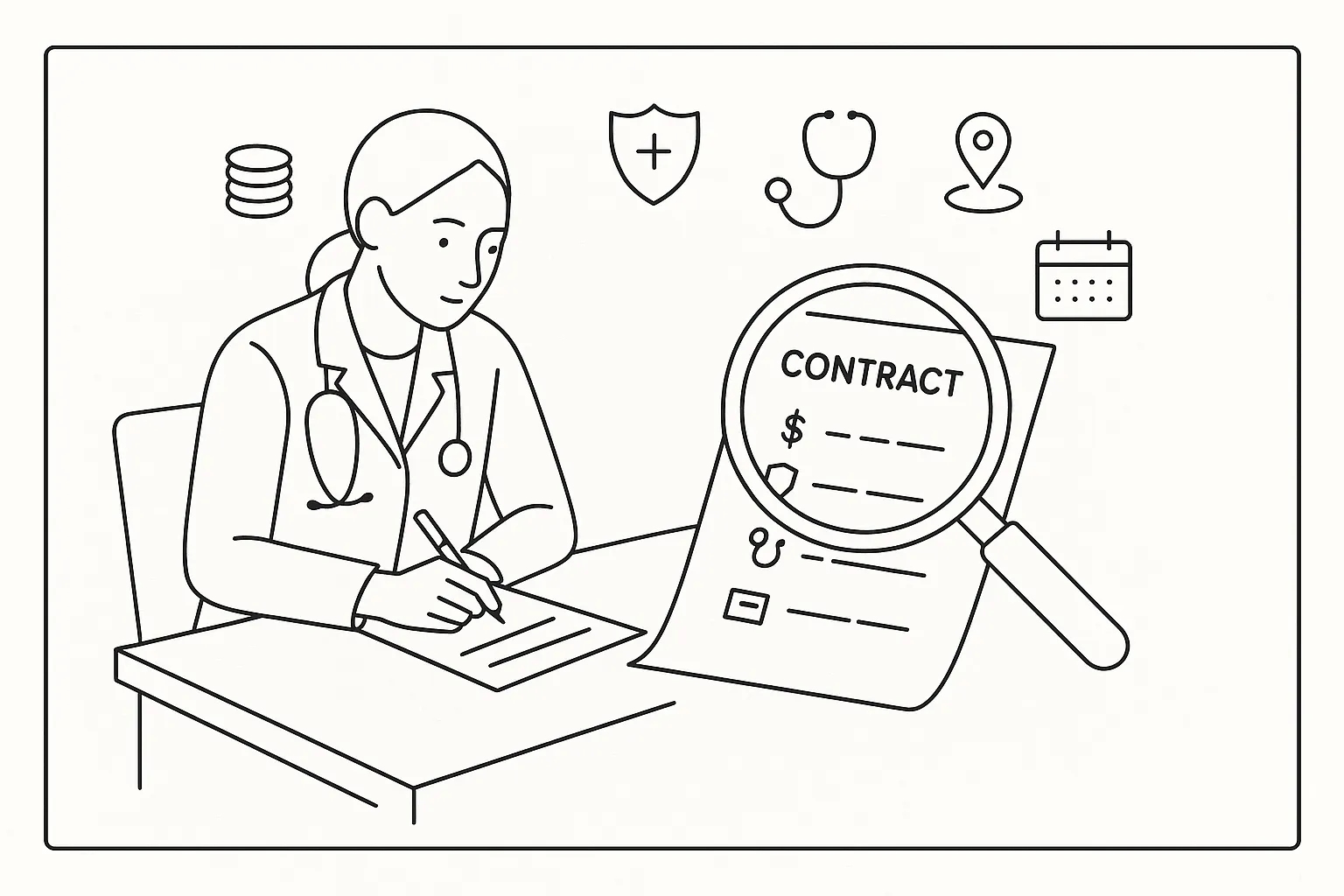 Physician assistant at desk reviewing a contract with magnifying glass and legal icons.