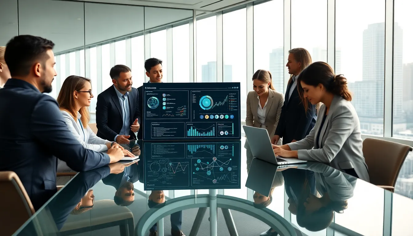 team discussing artificial intelligence in a modern office setting.