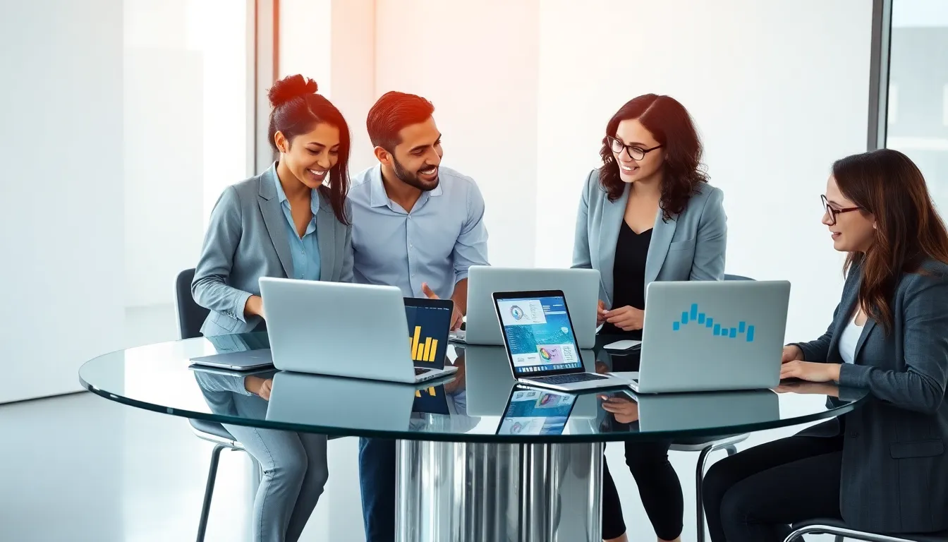 diverse team collaborating to innovate in a modern office.
