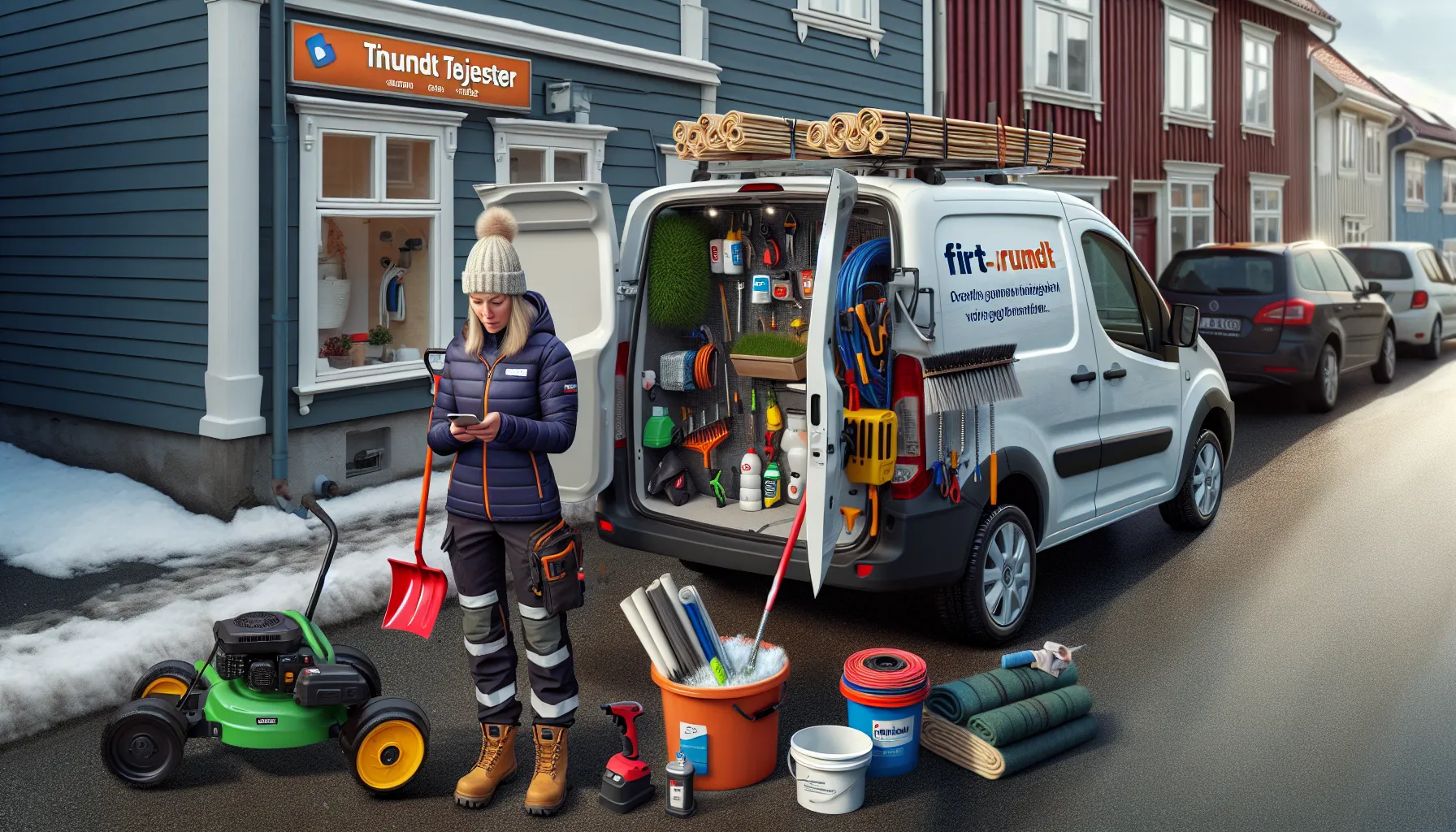 De beste måtene å tjene penger på i små norske byer 3 Handywoman loads tool-filled van in small norwegian town, vipps number displayed.