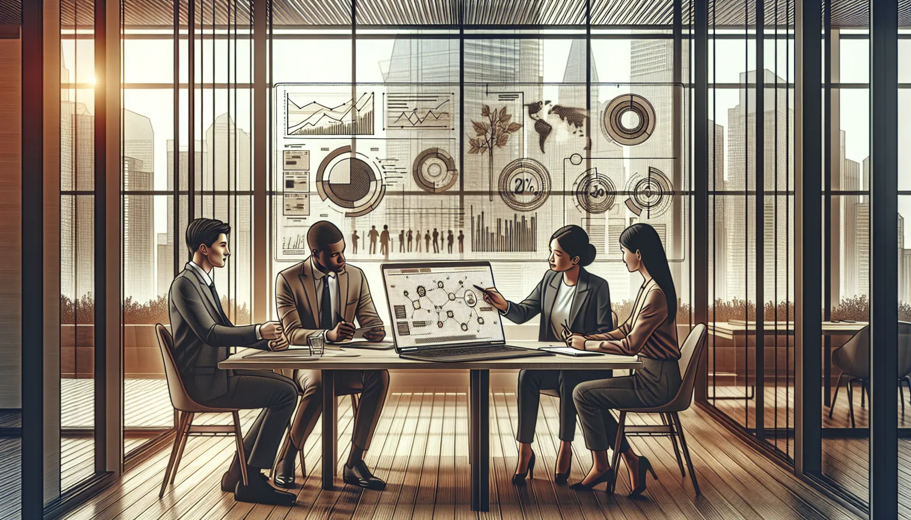 team discussing data analysis in a modern office setting.