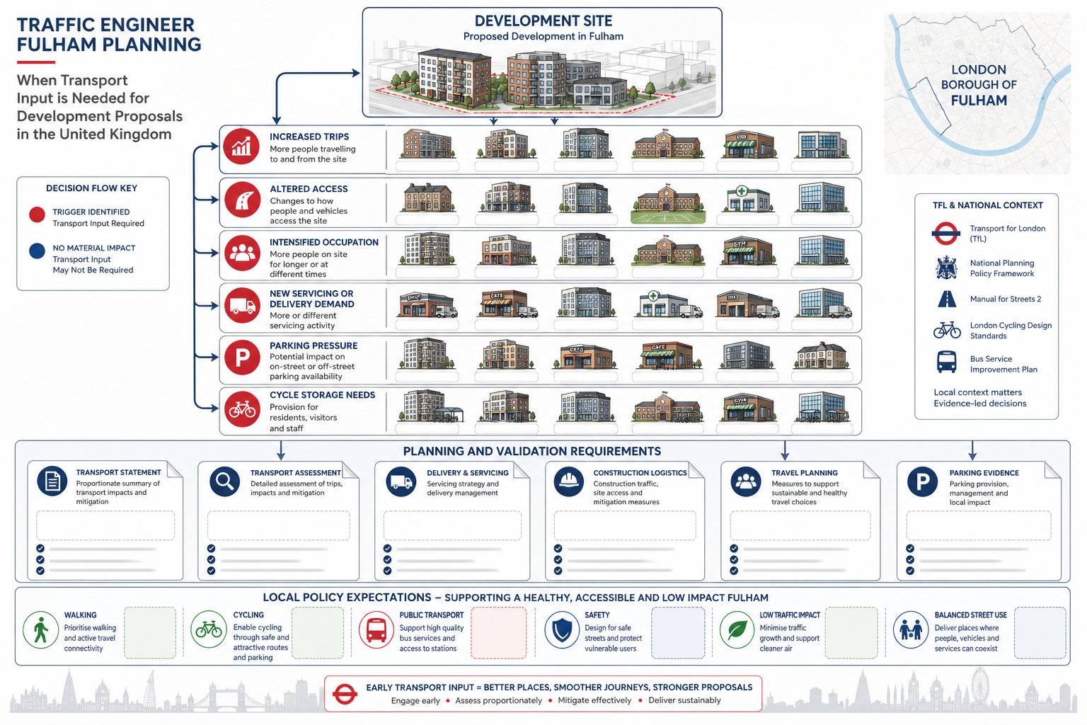 Infographic showing when Fulham planning projects need traffic engineering input.