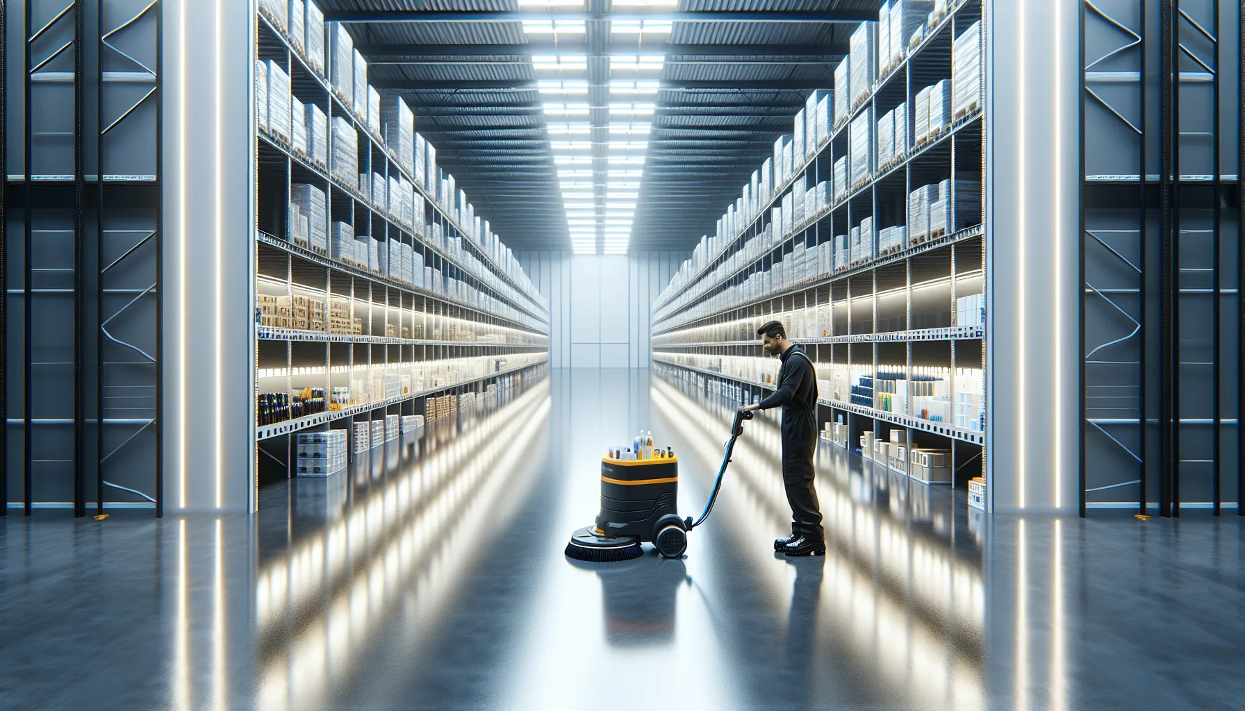 Warehouse worker cleaning different floor types with professional equipment.