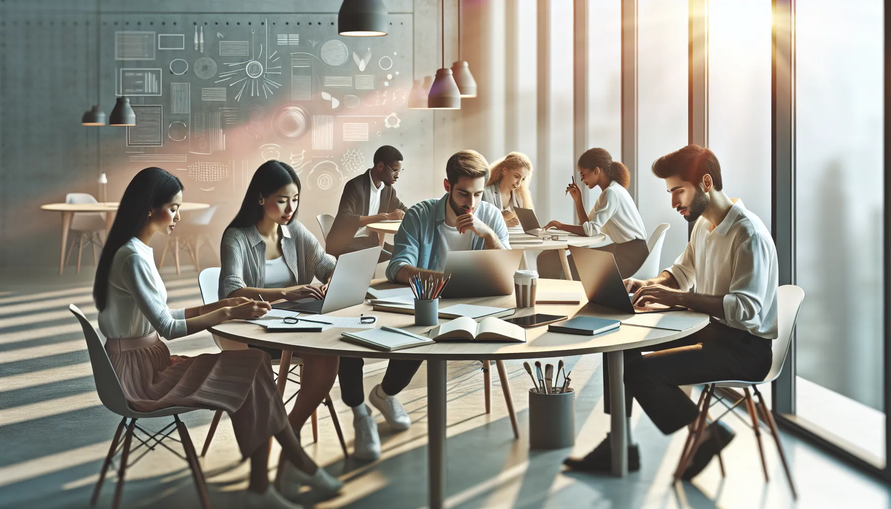 diverse writers collaborating in a modern office using Moxhit software.