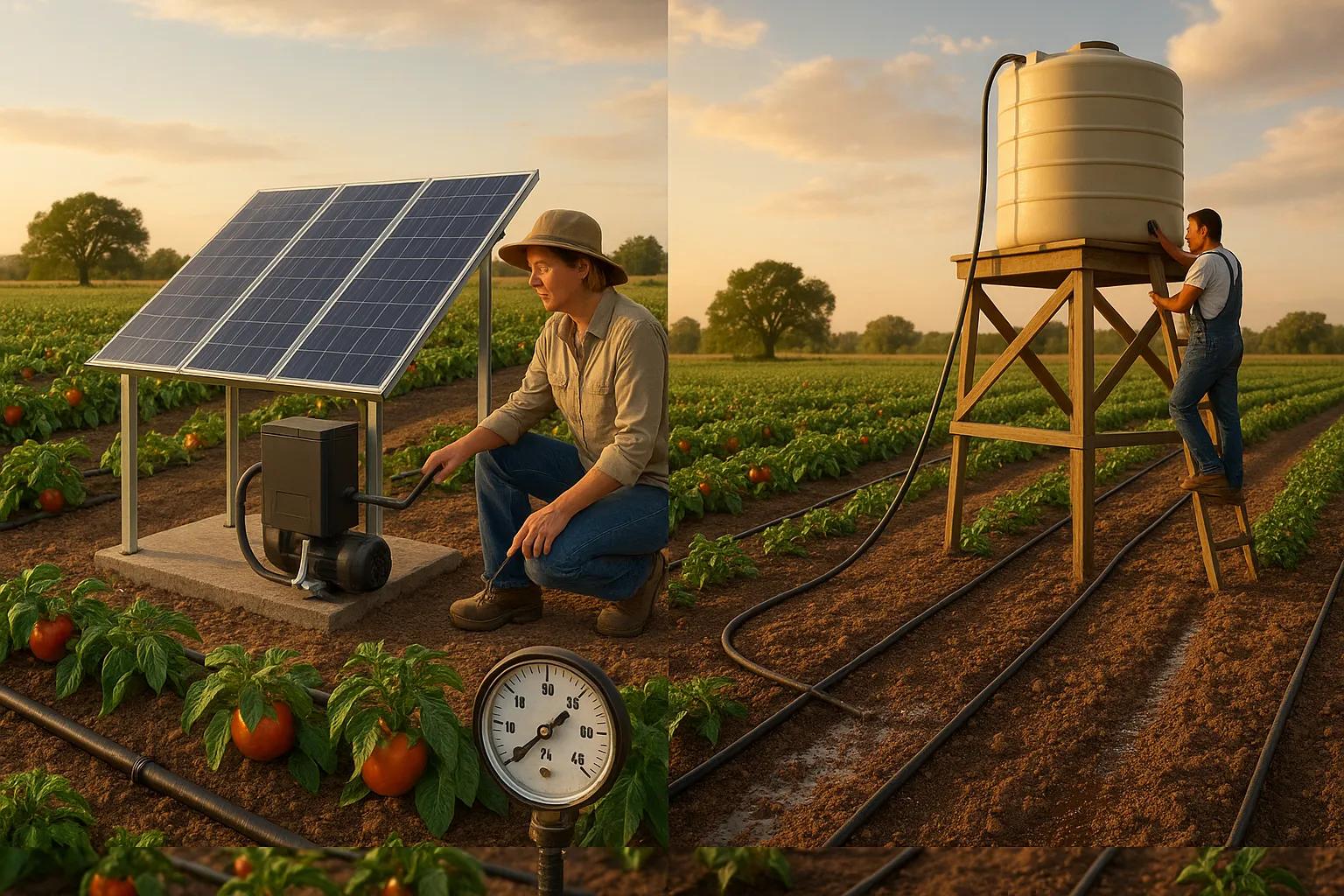 side-by-side solar-powered drip system and elevated gravity-feed drip system on a farm