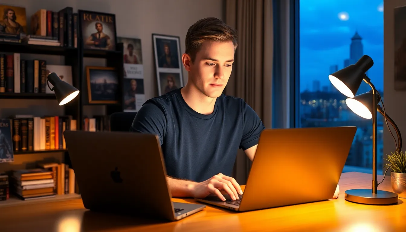 a focused man designing characters on a laptop in a cozy home office.