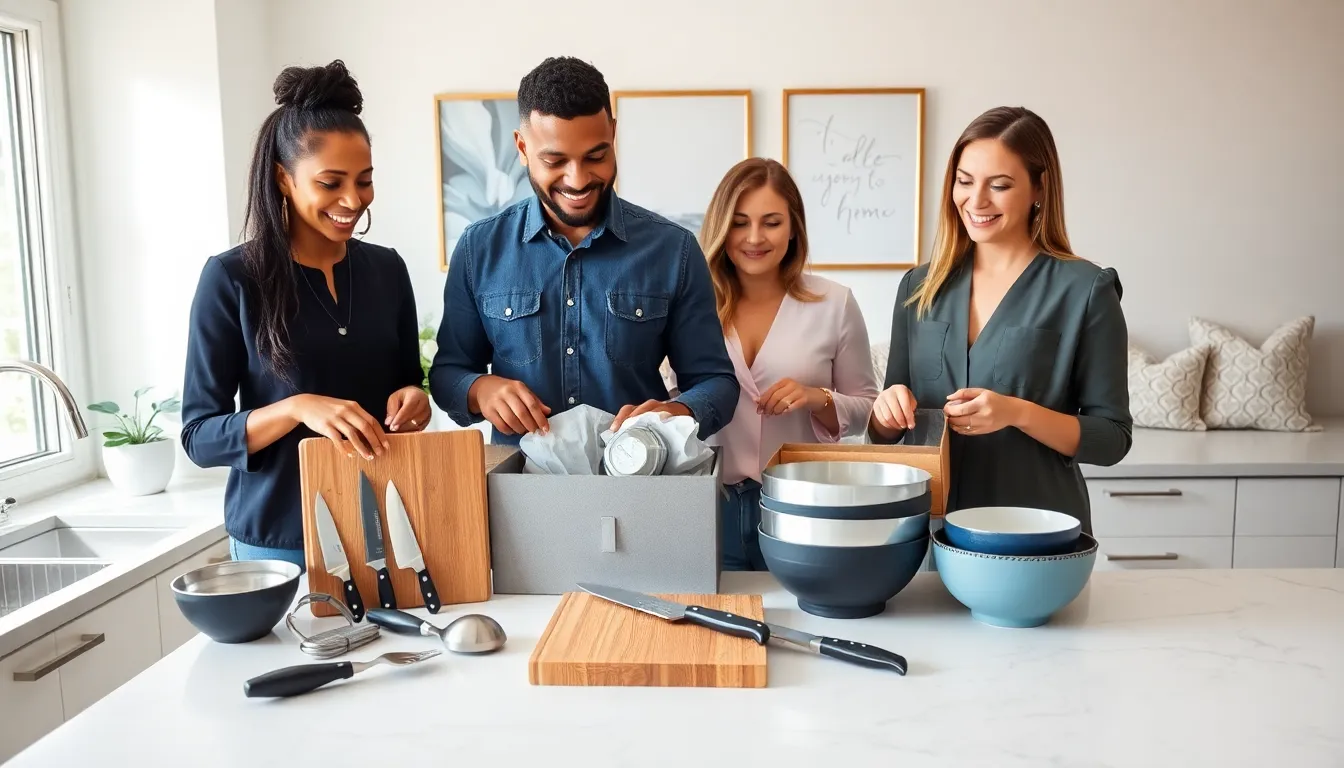 diverse professionals unpacking kitchen gifts in a bright modern kitchen.