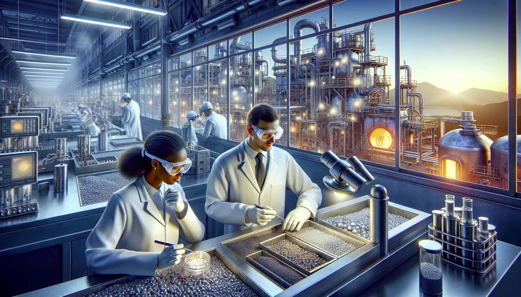 Scientists analyzing platinum samples in a high-tech metallurgical lab.