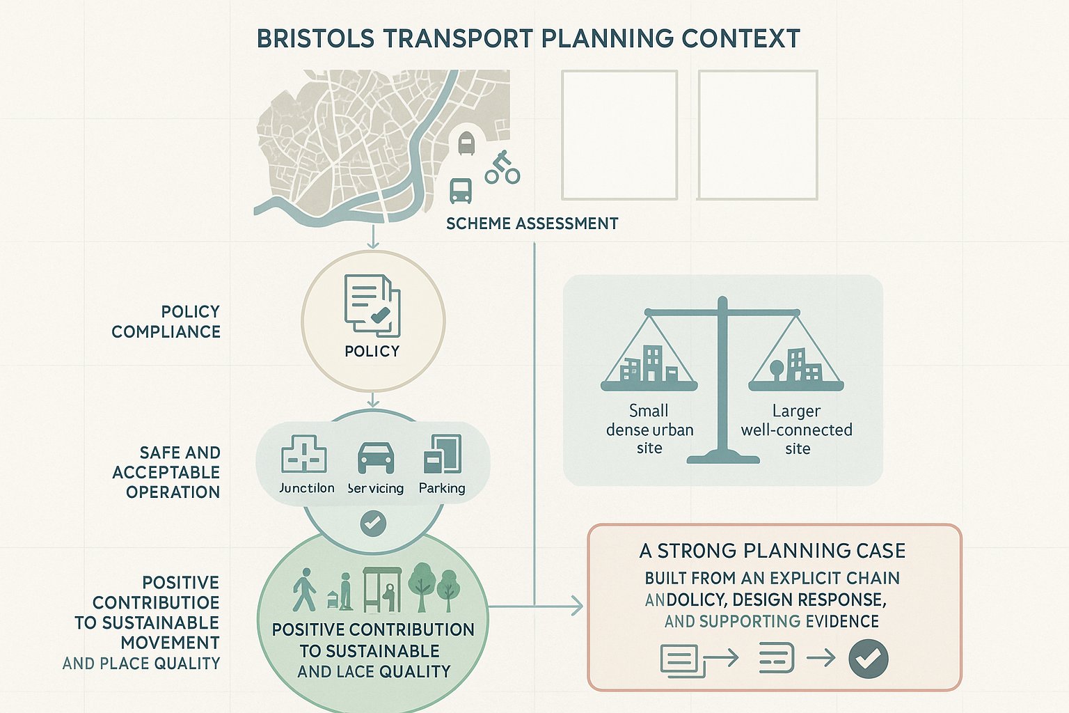 Infographic showing Bristol transport planning assessment and sustainable development decision factors.