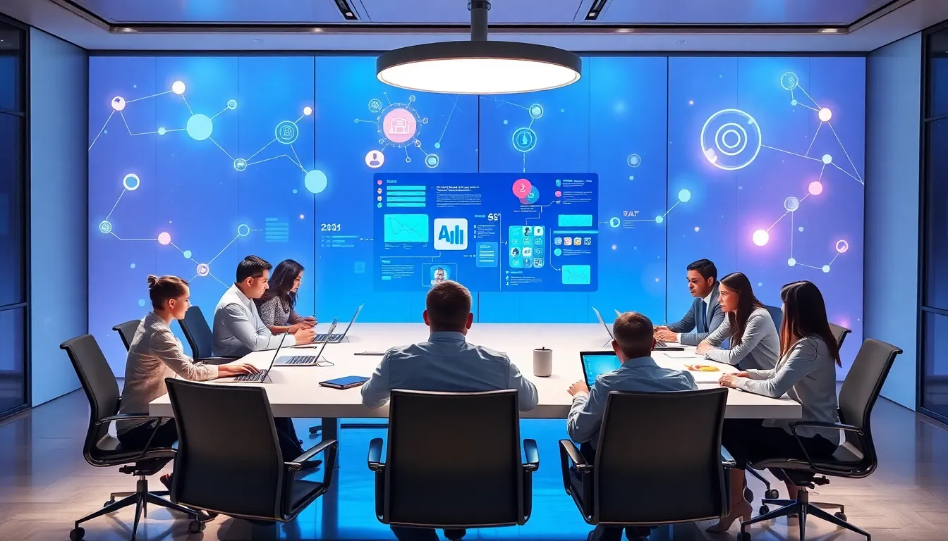 diverse team collaborating in a modern virtual workspace.