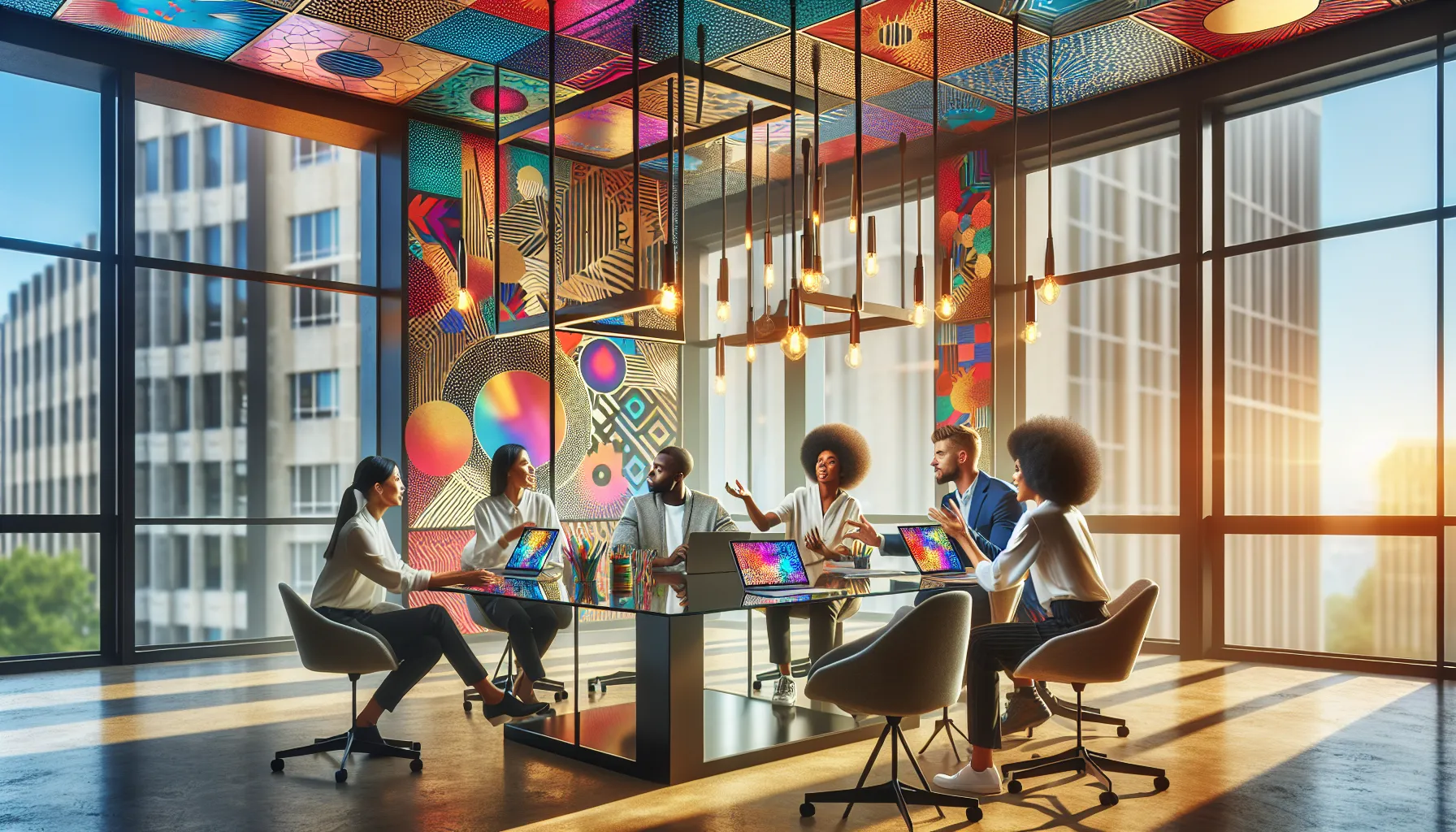 diverse professionals collaborating in a creative workspace.