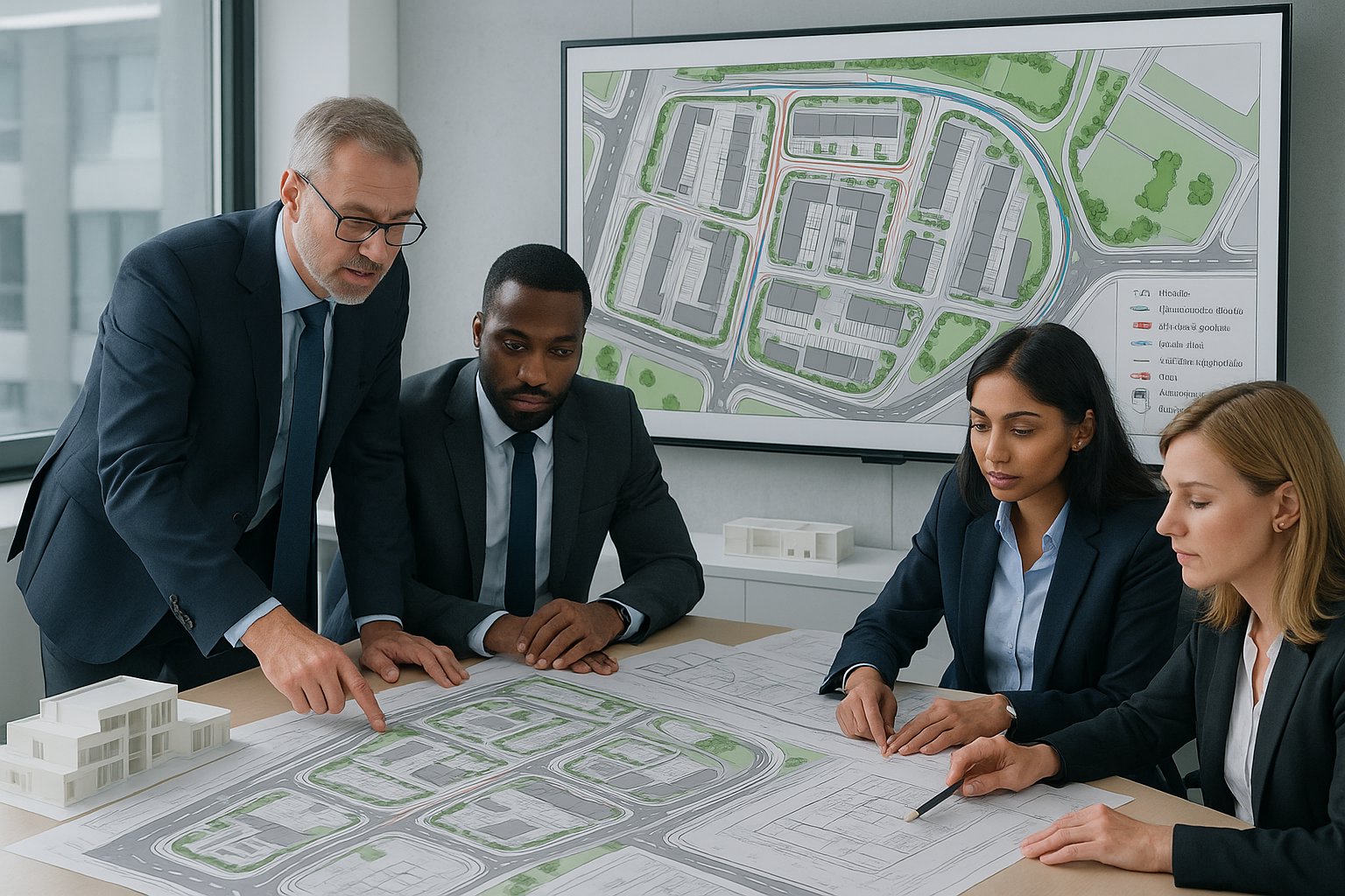 Engineers reviewing UK site plans for roads, access, parking and vehicle routes.