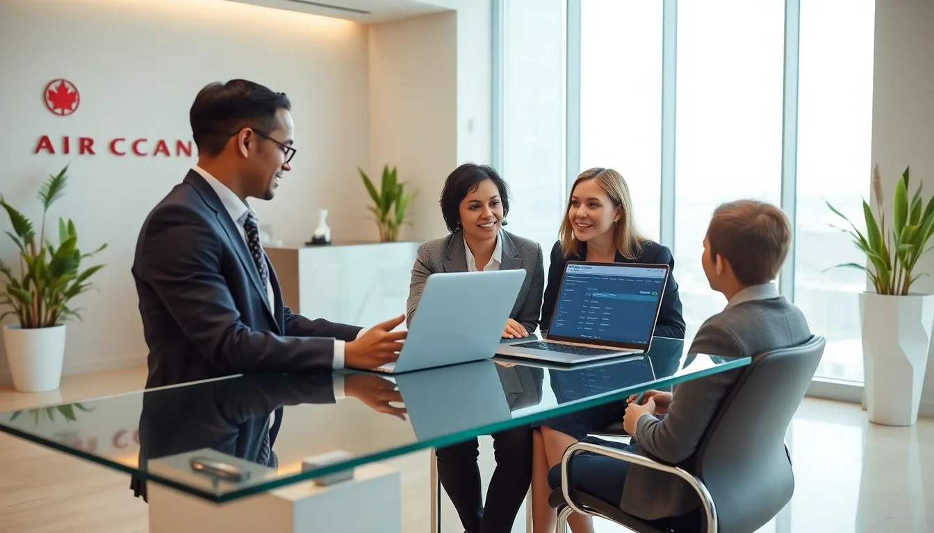 travel agent assisting a client with Air Canada bookings in a modern office.