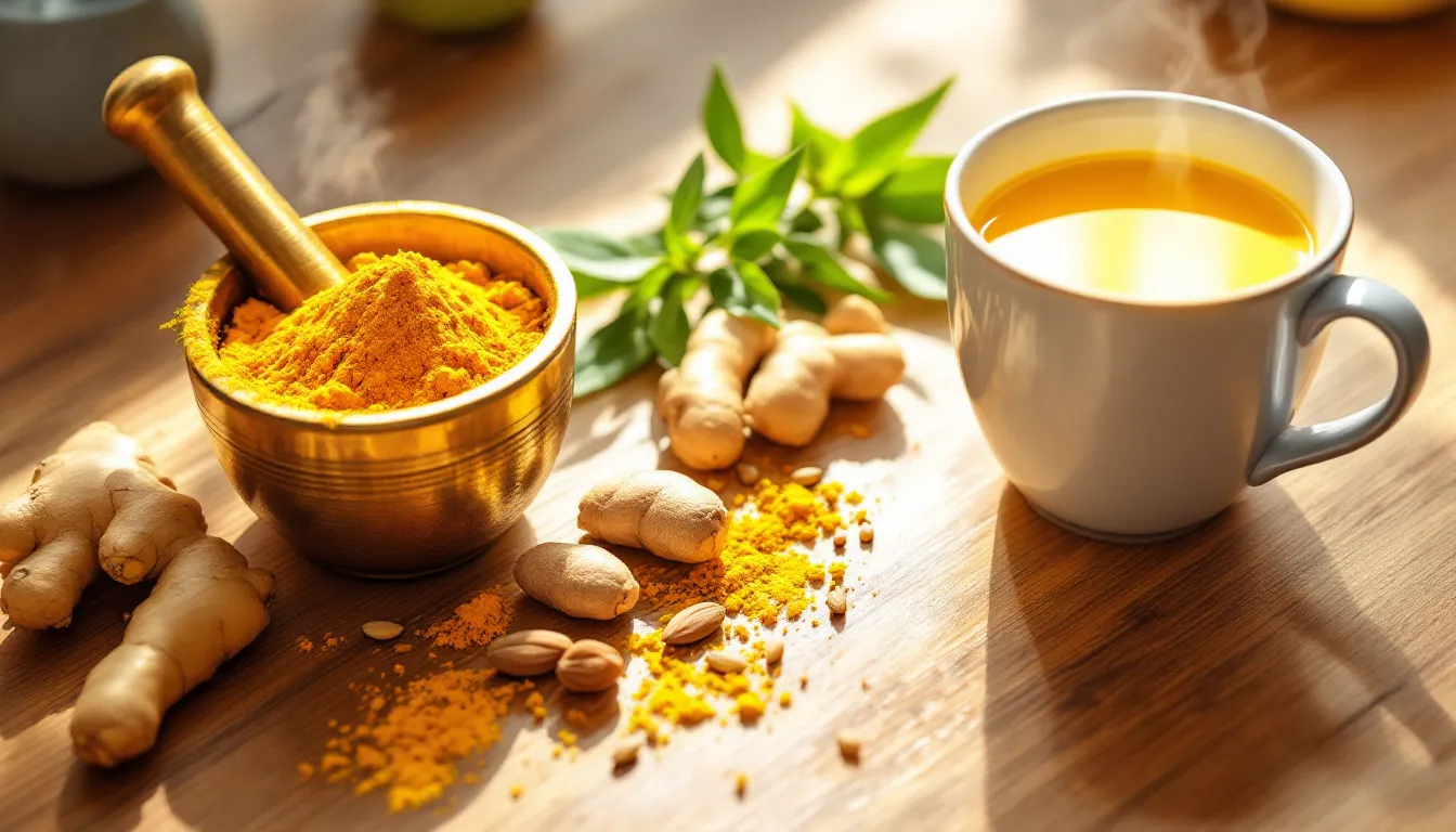 Ayurvedic herbs and golden milk on a sunlit wooden kitchen counter.