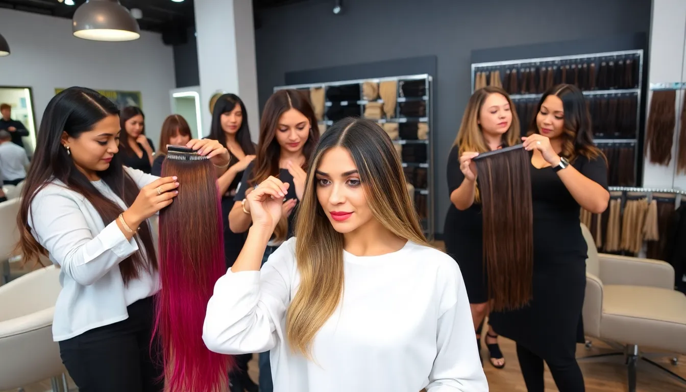 stylists applying Beauty Works hair extensions in a modern salon.