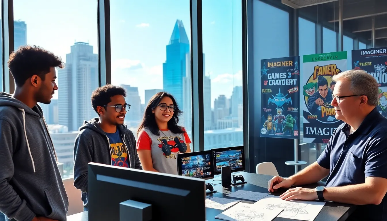 employees brainstorming at Imagineer Games headquarters in an urban setting.