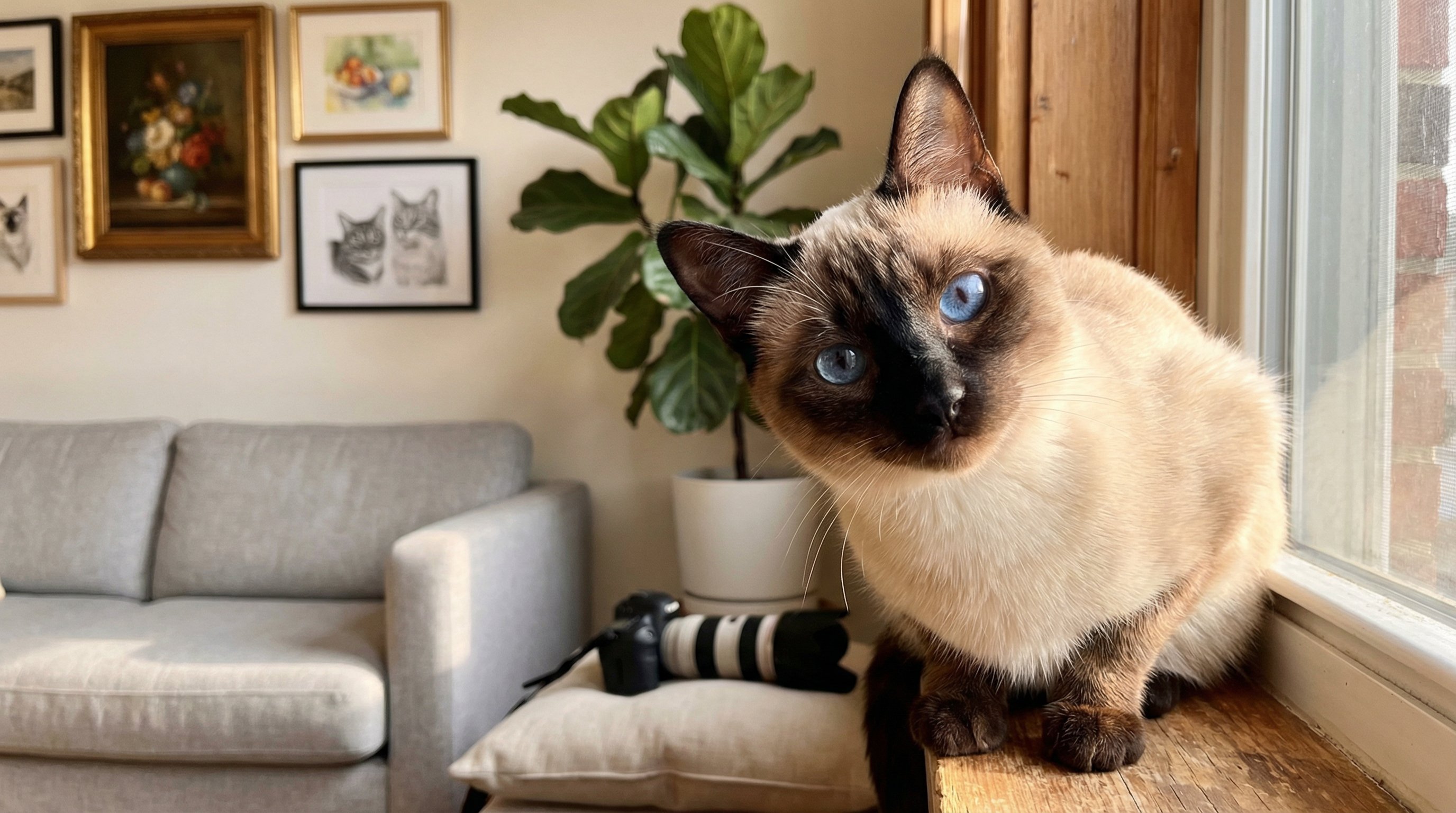 Siamese cat with blue eyes sitting on a sunlit windowsill at home.