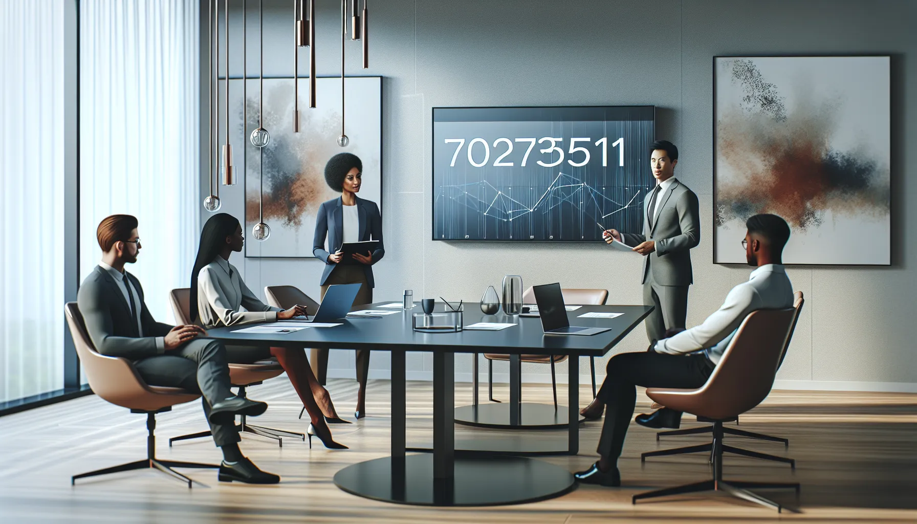 diverse professionals discussing the significance of a specific number in an office.