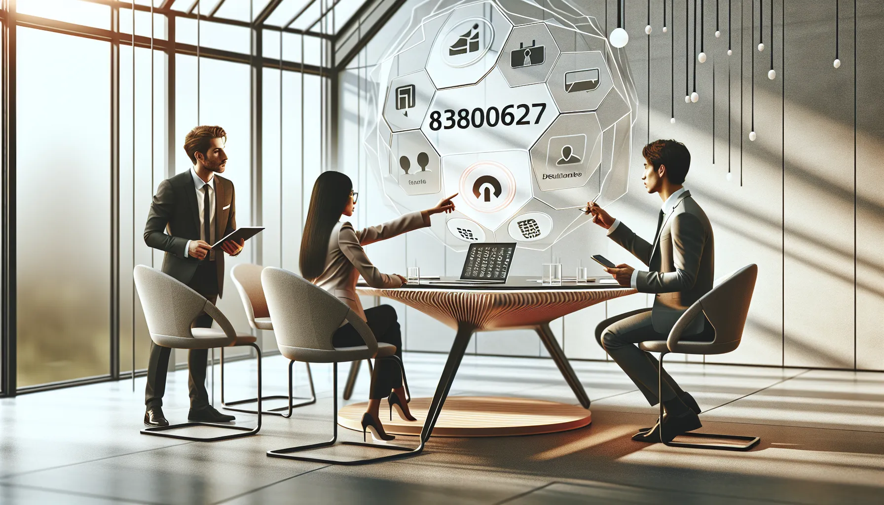professionals discussing a phone number in a modern office setting.