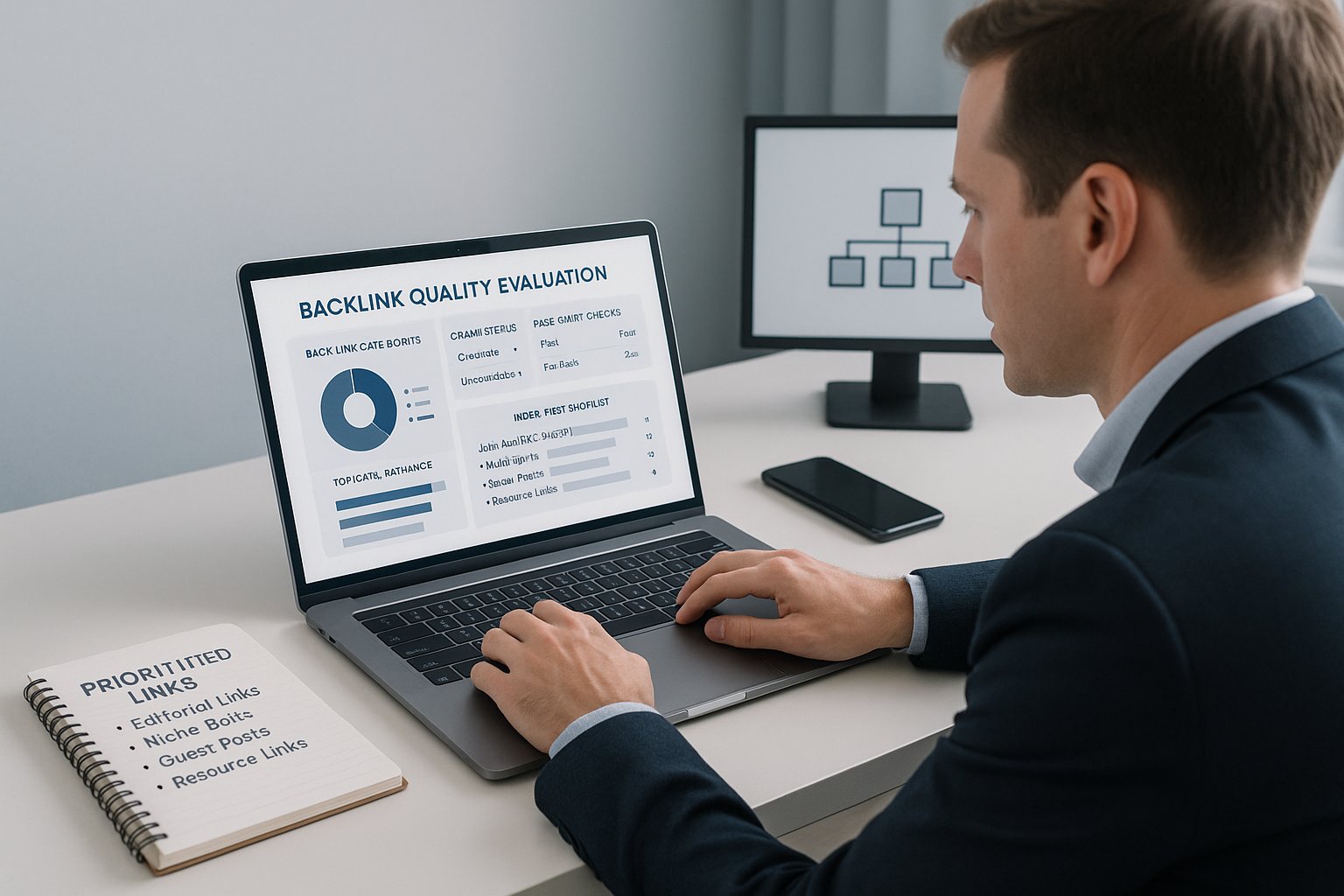 SEO professional reviewing high-quality backlinks on a modern office dashboard.