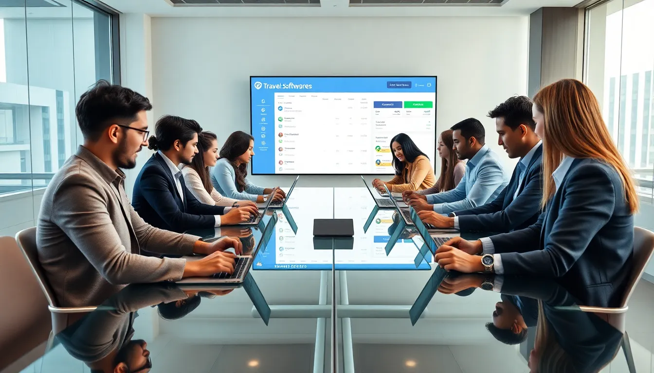 diverse team collaborating on travel software solutions in a modern office