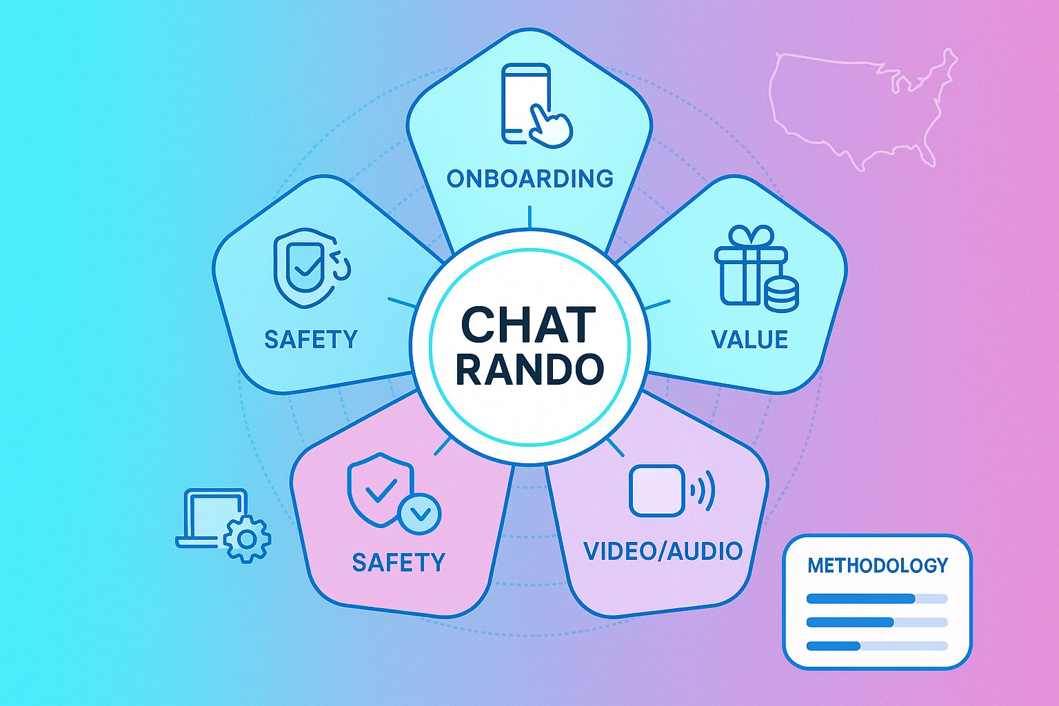Radial infographic showing five evaluation criteria for Chatrando with methodology card.