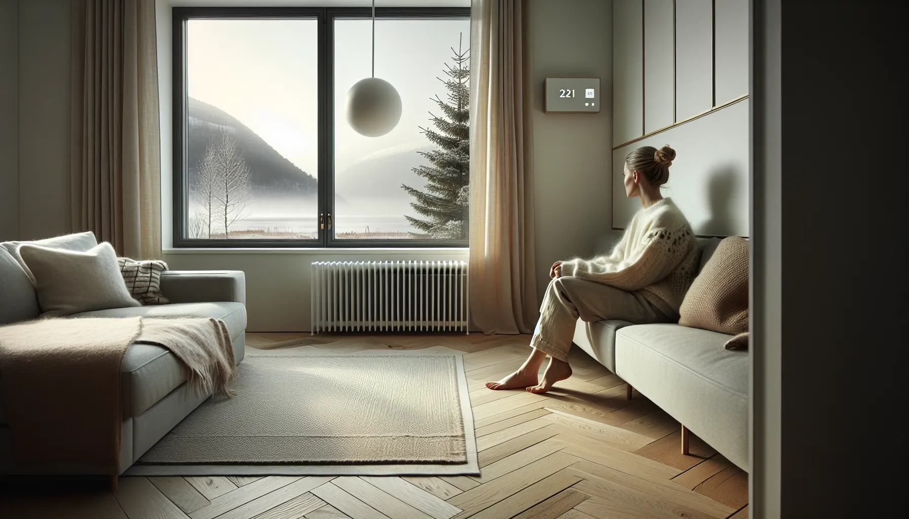 Bare feet on warm oak floor in a quiet norwegian winter living room.