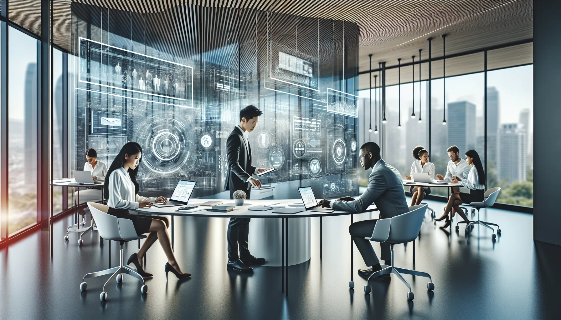 diverse team collaborating on property management solutions in a modern office.