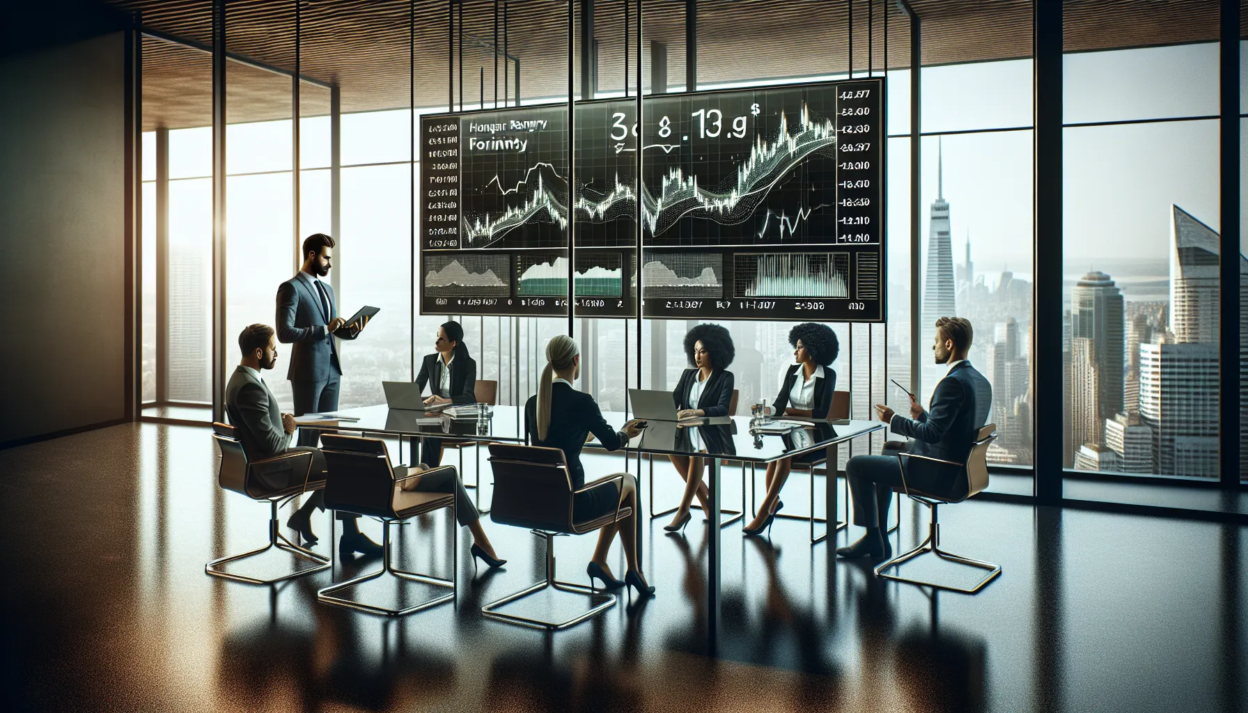 diverse professionals discussing currency exchange rates in a modern office.