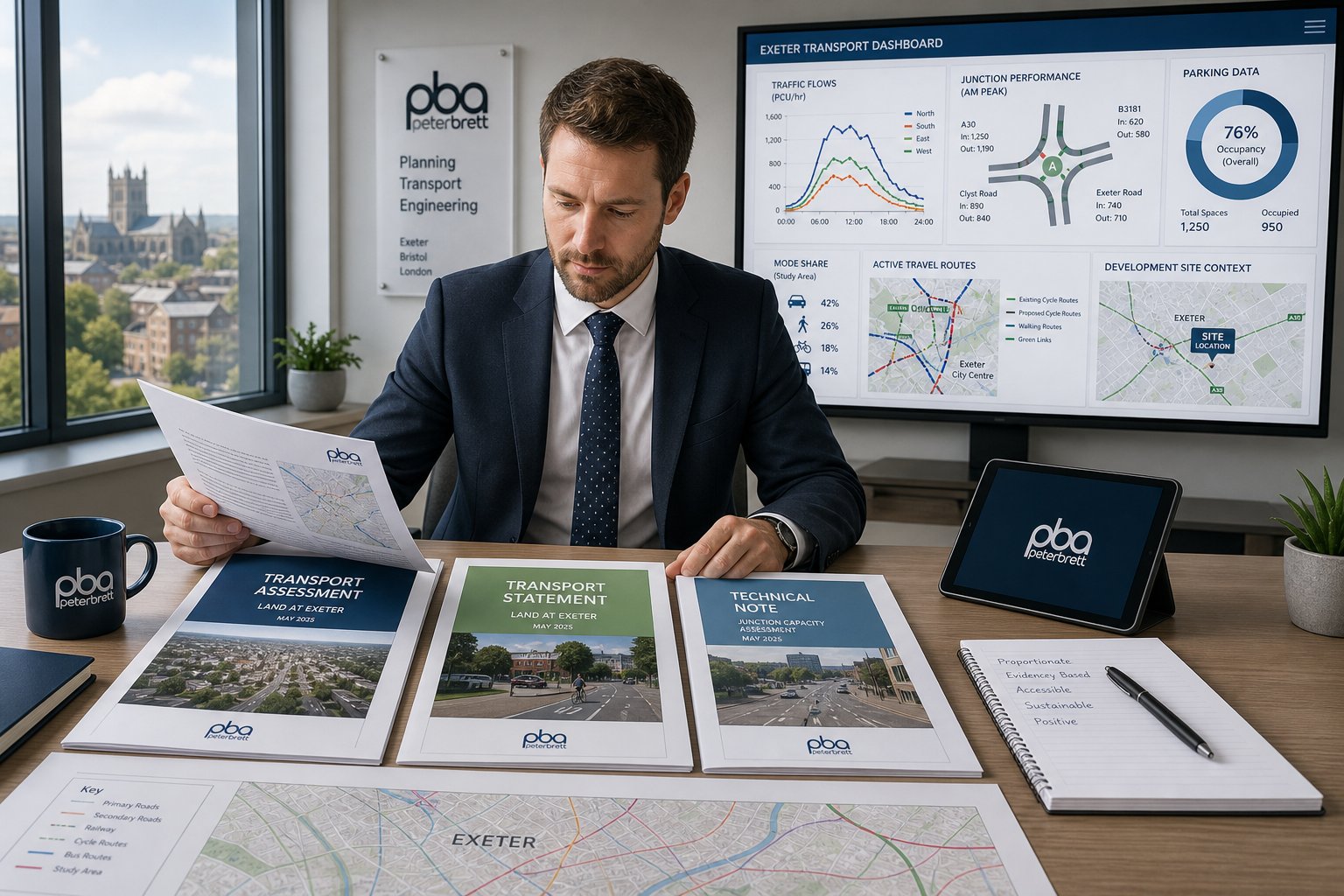 Traffic engineer reviewing transport assessment documents in a modern Exeter office.