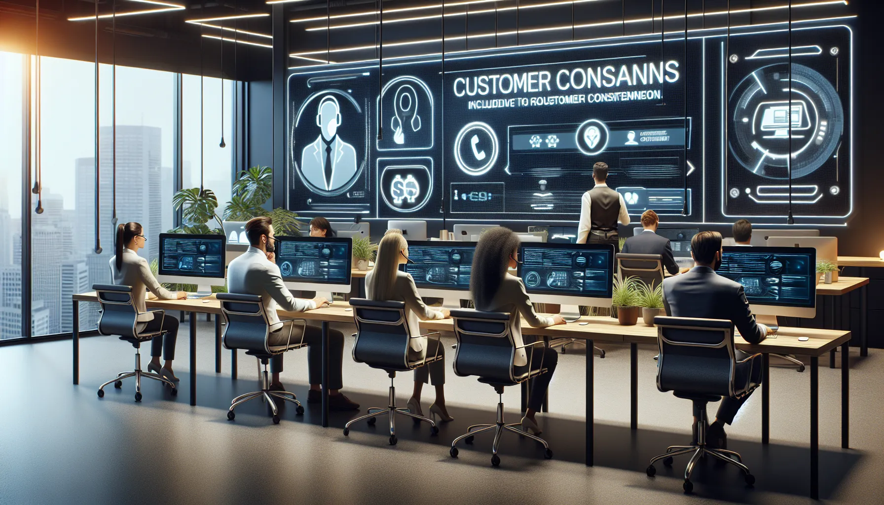 Customer service team resolving queries in a modern office environment.