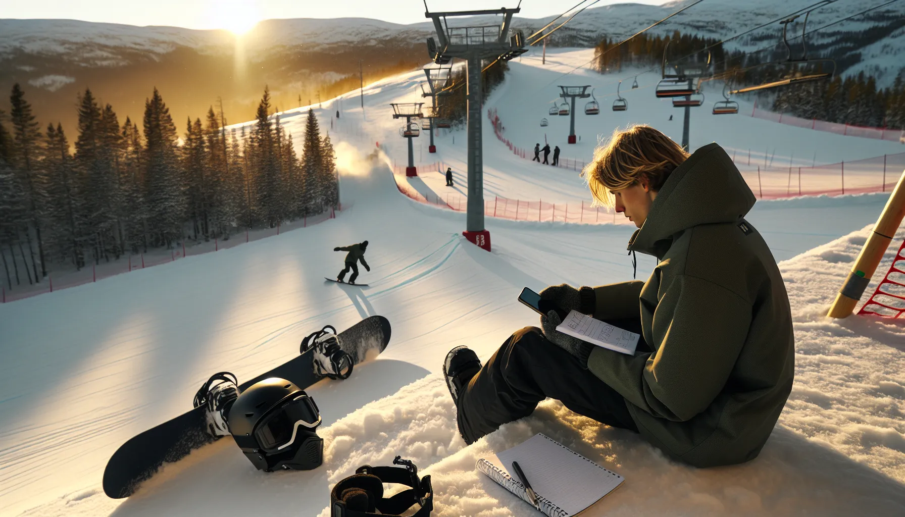 Hvordan trene for å bli en bedre snowboarder 2 Snowboarder on norwegian slope reviewing filmed run and notes to set training goals.