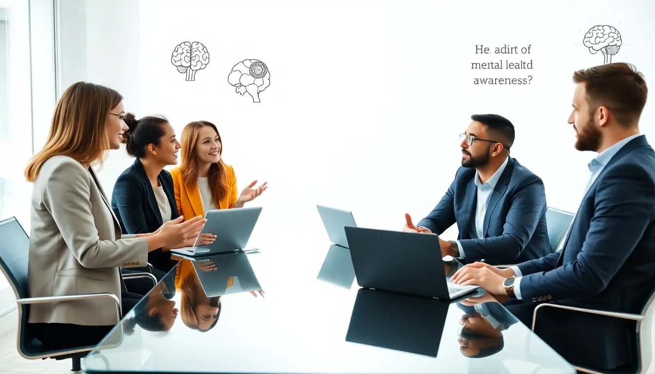diverse team discussing mental health in a modern office setting.