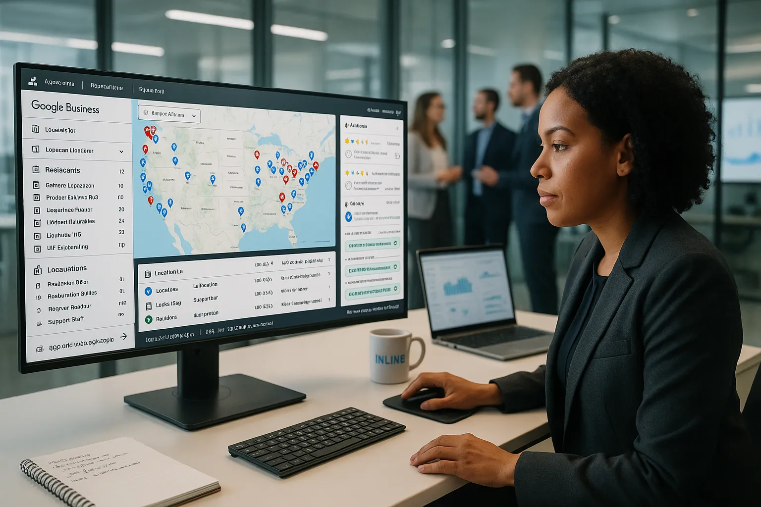 Marketing manager overseeing hundreds of Google Business Profiles on an enterprise dashboard.
