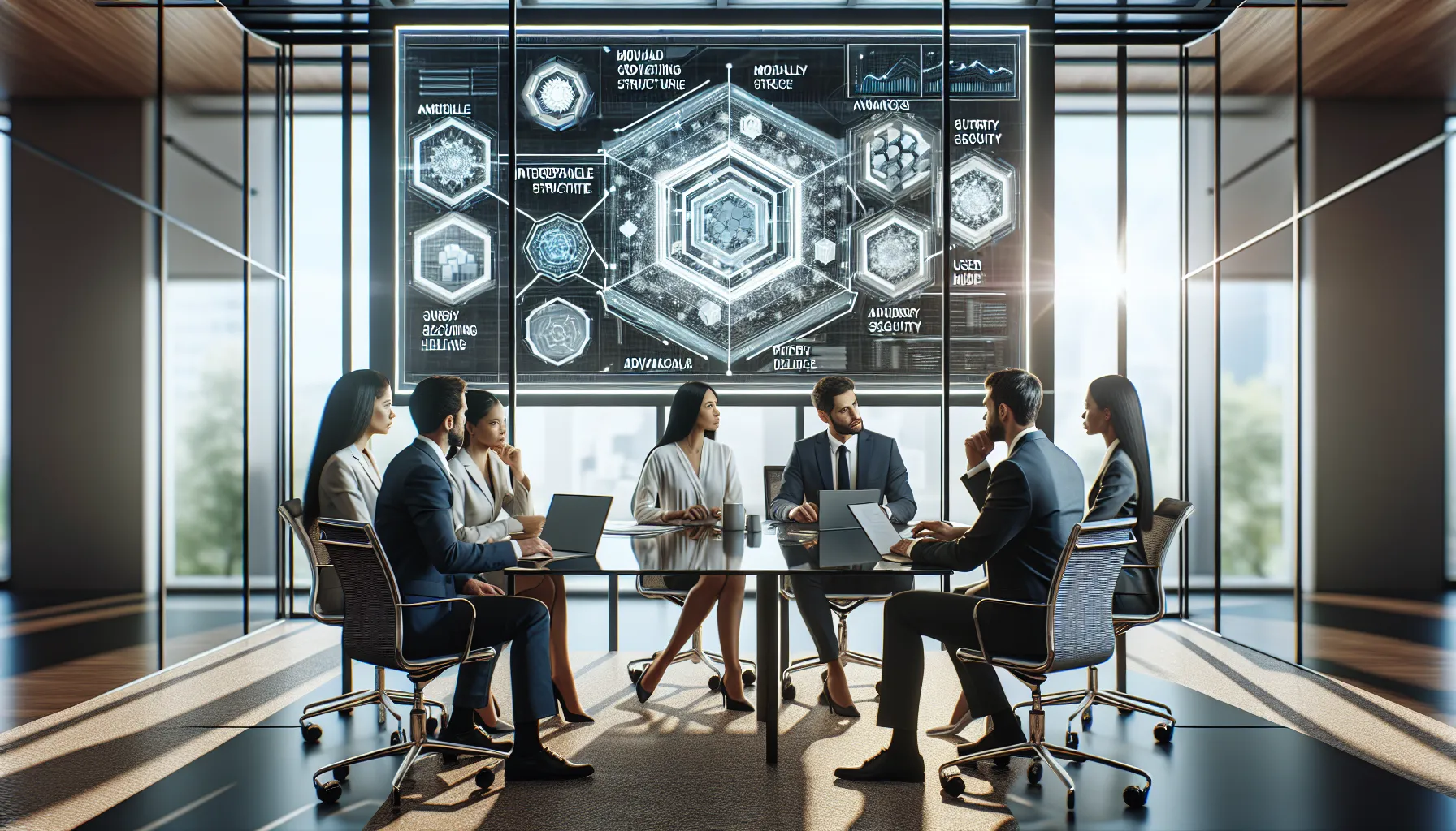 diverse professionals discussing A5QZF6 technology in a modern office.