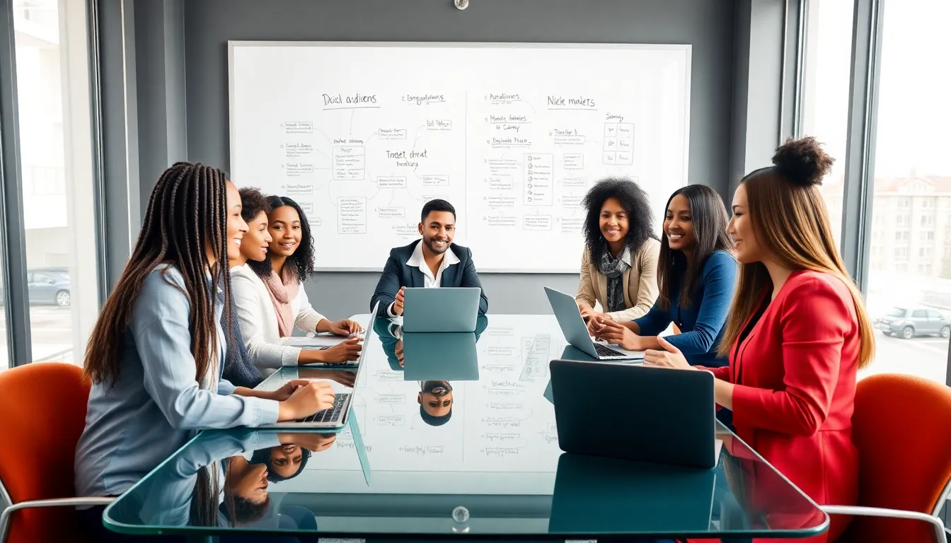 diverse team brainstorming ideas for a social media platform in a modern office.