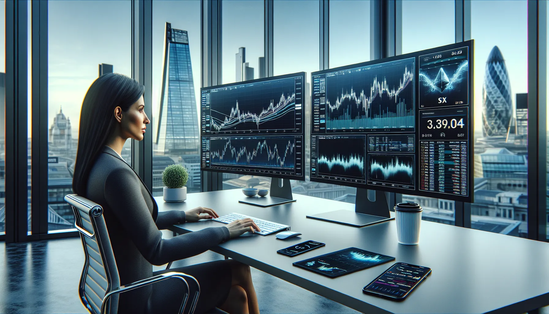 Professional trader using OrangeX cryptocurrency platform on multiple monitors in modern London office.