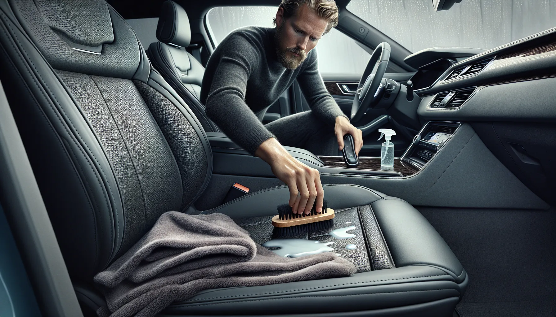 Close-up of safe leather seat cleaning tools in a norwegian car interior.