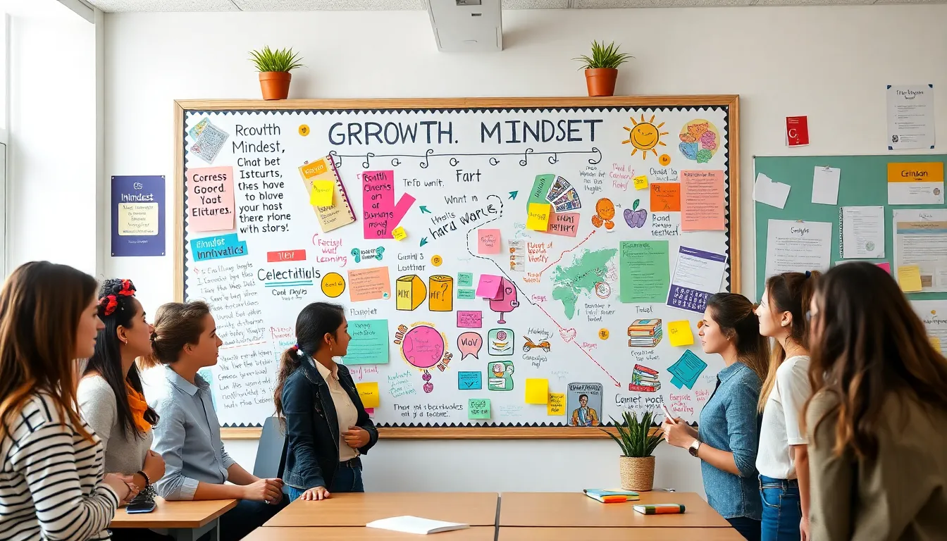 bulletin board showcasing growth mindset ideas in a classroom.