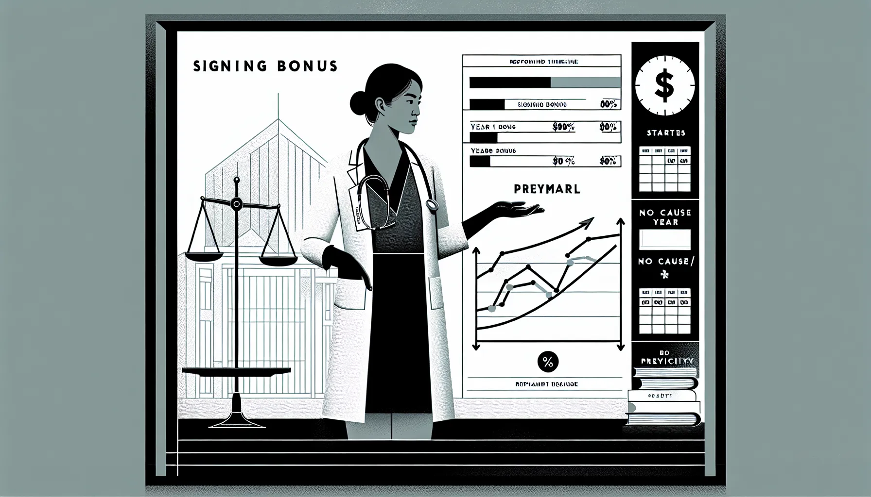 Physician holding a signing-bonus contract beside a repayment timeline and balance scale.