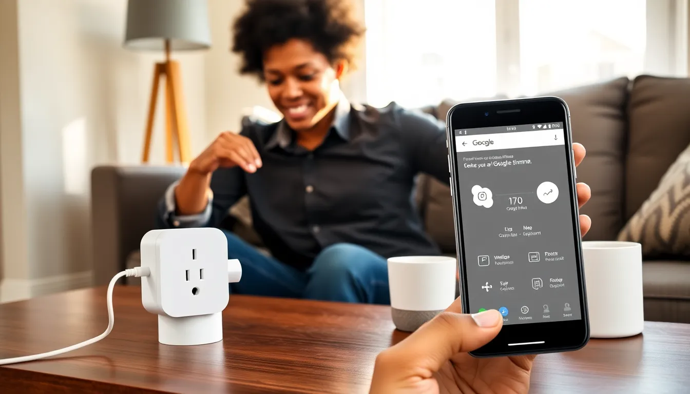 A person using a Google Home Smart Plug in a modern living room.