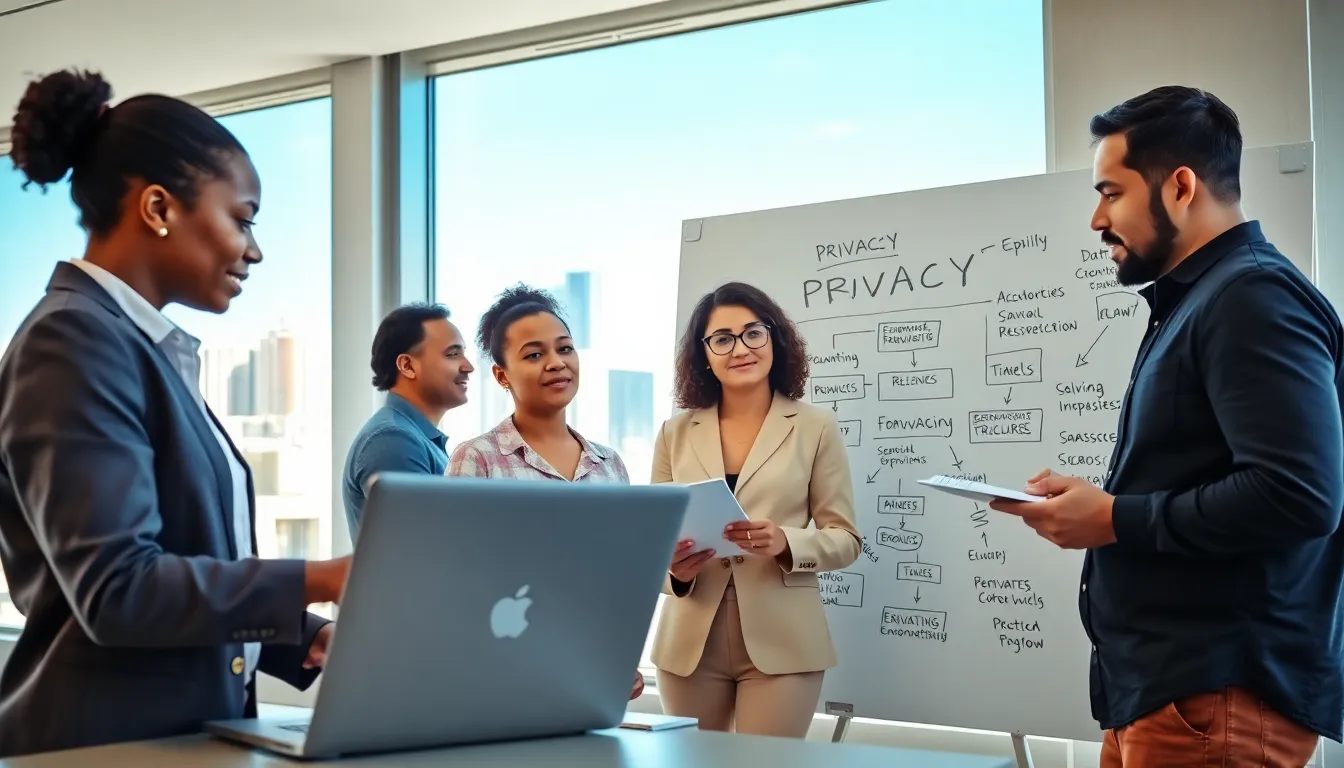 A team discussing privacy practices in a modern office.