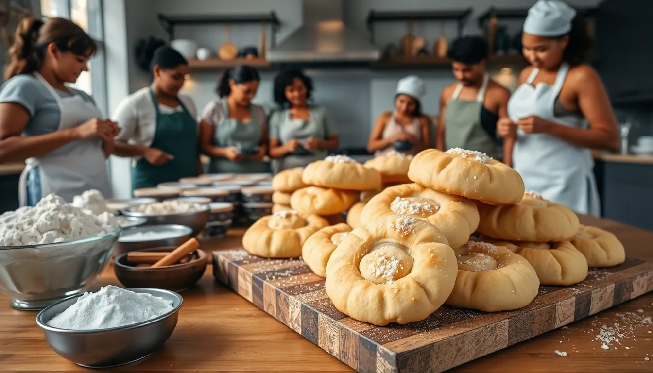 diverse bakers creating bread cookies in a modern kitchen.