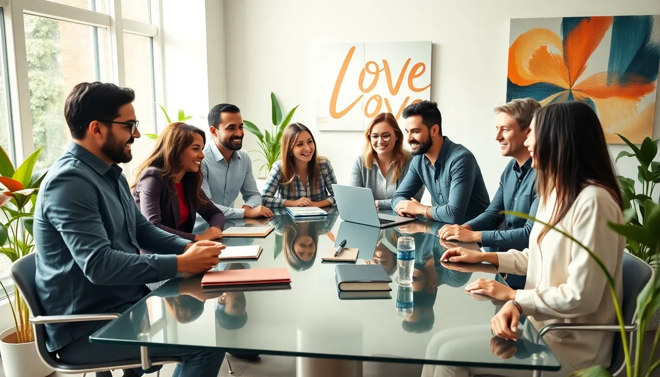diverse group discussing love and connection in a modern workspace.