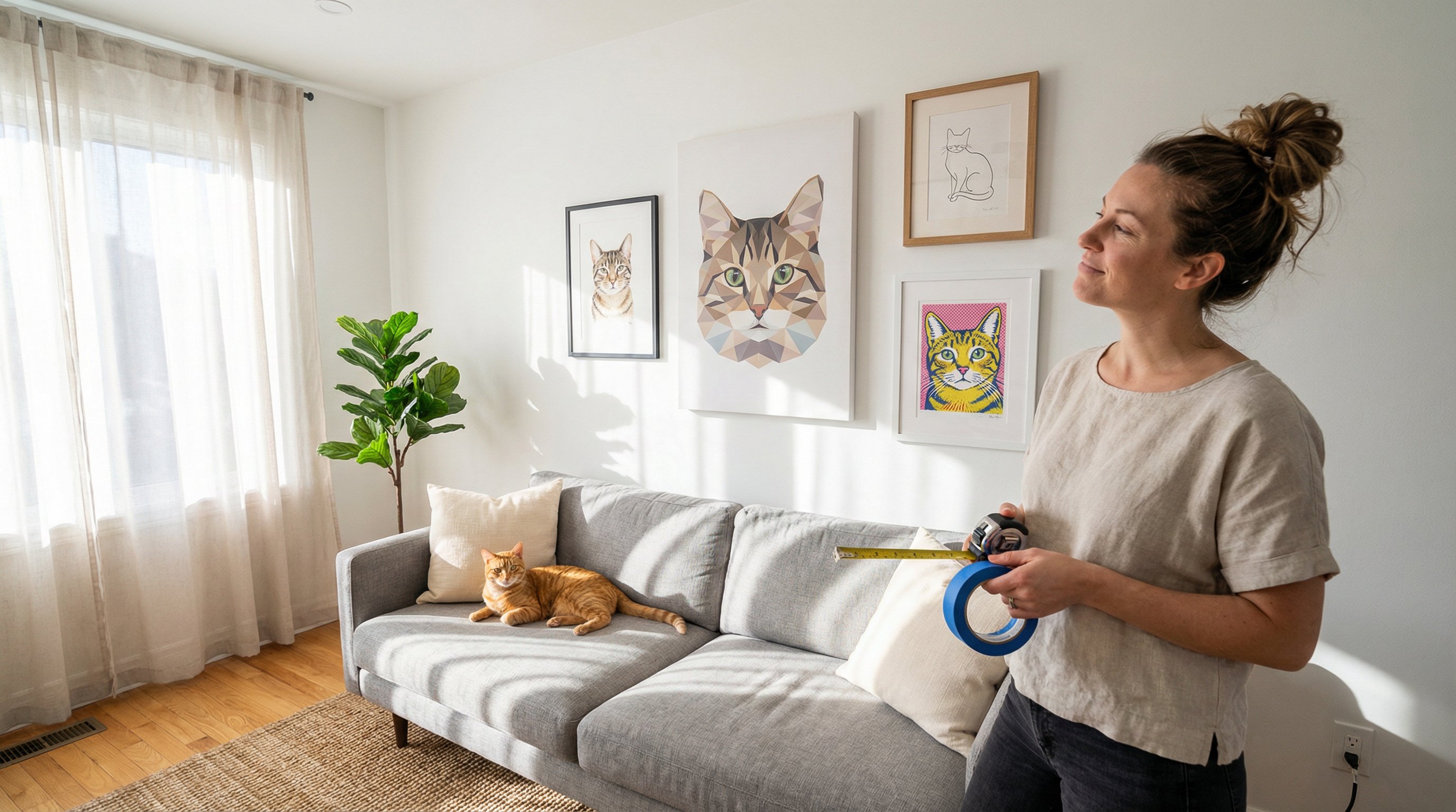 Woman arranging a gallery wall of cat art prints above a modern sofa.