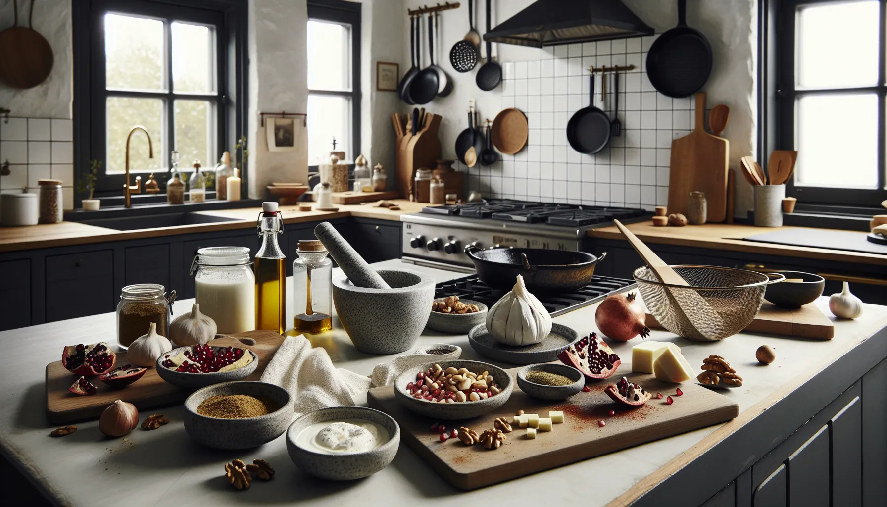 Middle eastern meze basics arranged on a scandinavian kitchen counter in daylight.