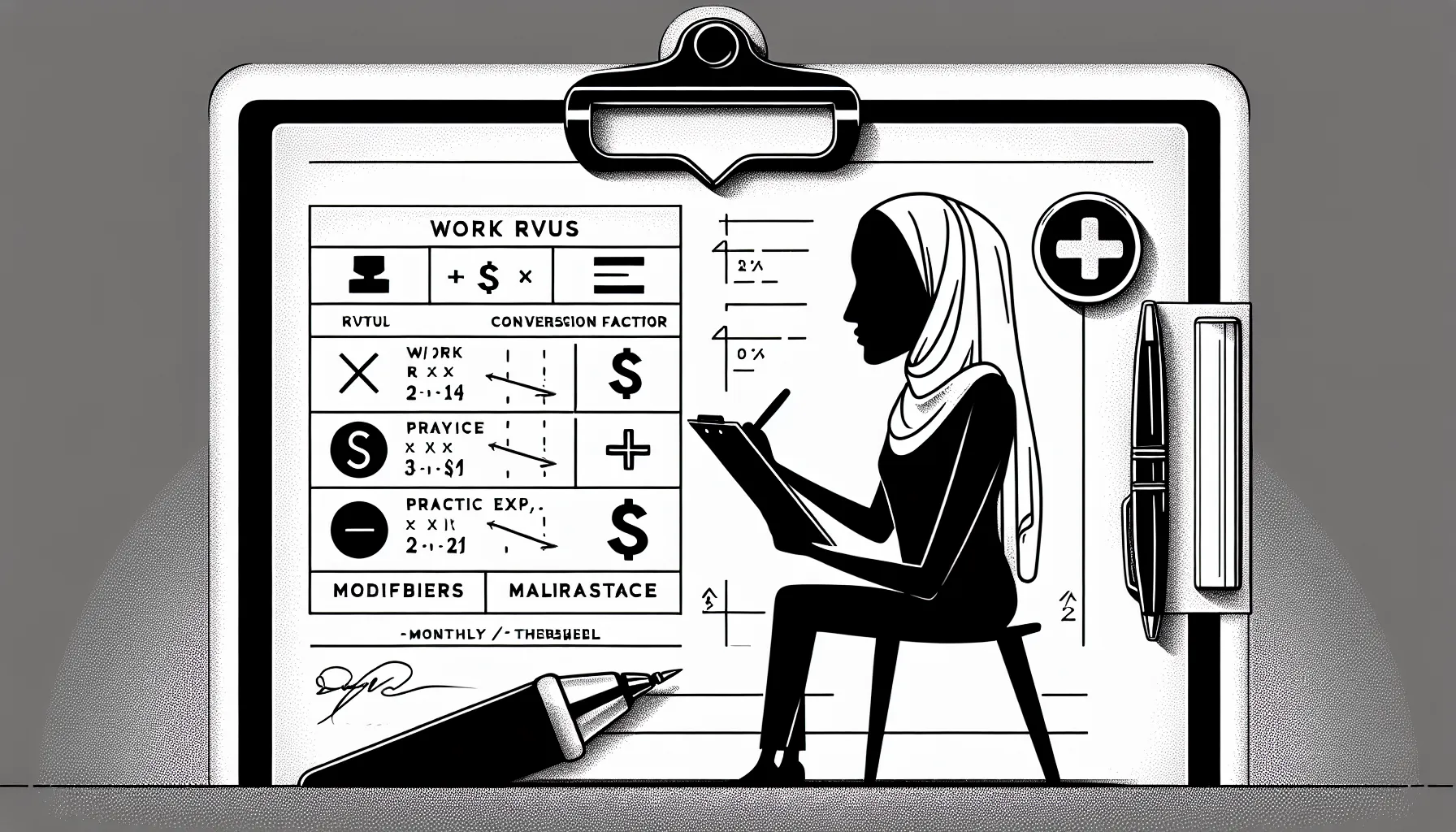 Physician reviewing a Pay = RVUs × Conversion Factor formula on a clipboard.